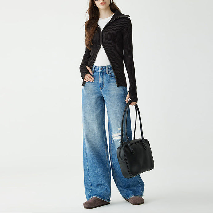 SYLENE – ג’ינס מותן גבוהה בגזרה רחבה, 100% כותנה