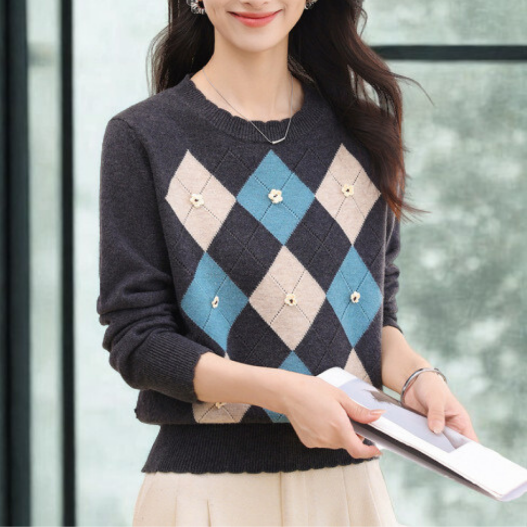 Elowen – סוודר סריג יהלומים עם שרוול ארוך ומפתח עגול