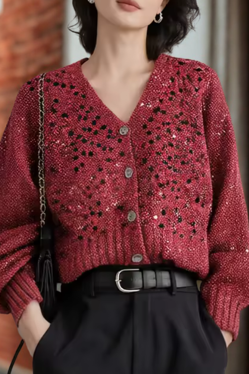 Marisela – קרדיגן סריג קצר עם כפתורים ופאייטים עדינים