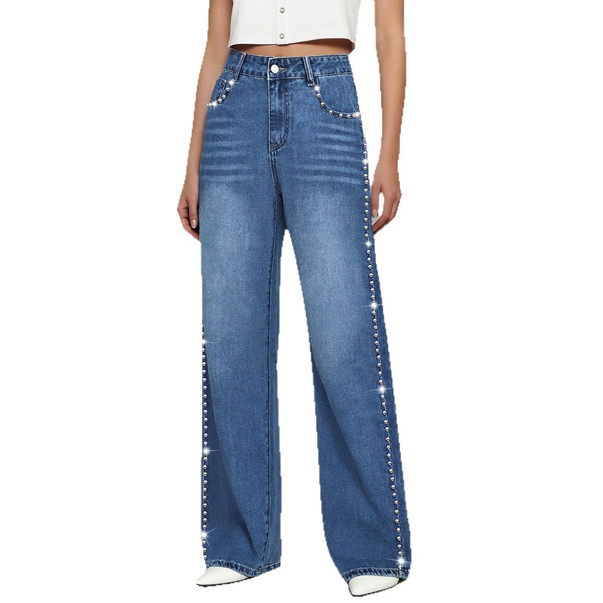 AURELIE – ג’ינס מותן גבוהה בגזרה ישרה ורחבה עם ניטים עדינים