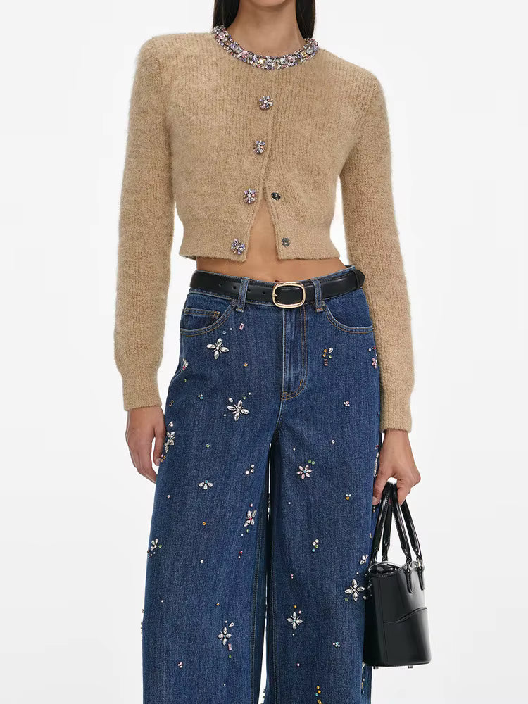 Vionette – קרדיגן סרוג קצר בגזרה מחטבת עם יהלומים עדינים