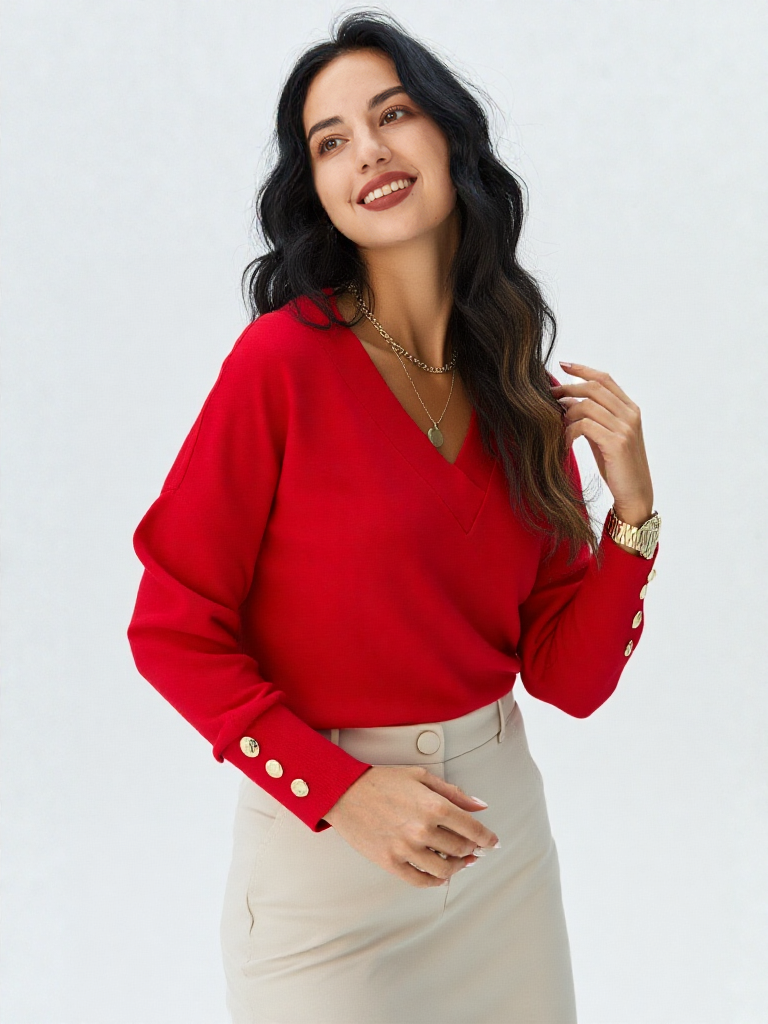 Calista – חולצה ארוכה בגזרה רפויה עם מפתח V וכפתורים