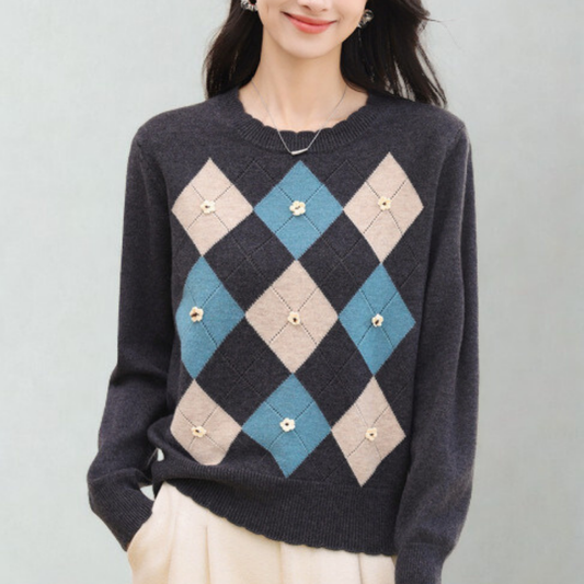 Elowen – סוודר סריג יהלומים עם שרוול ארוך ומפתח עגול