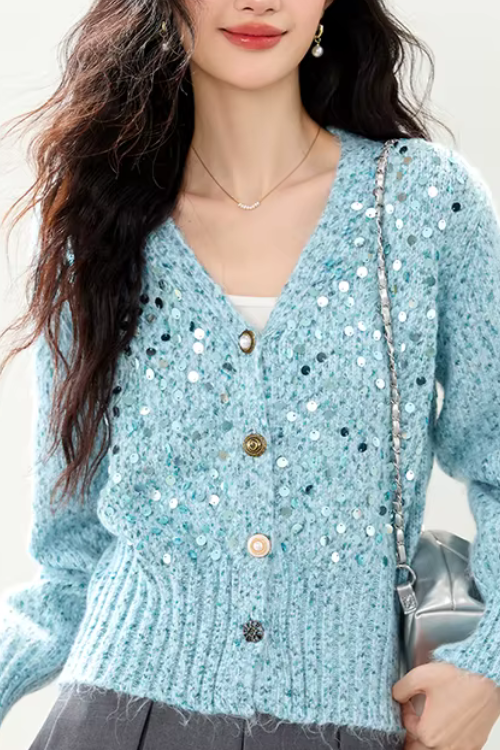 Marisela – קרדיגן סריג קצר עם כפתורים ופאייטים עדינים