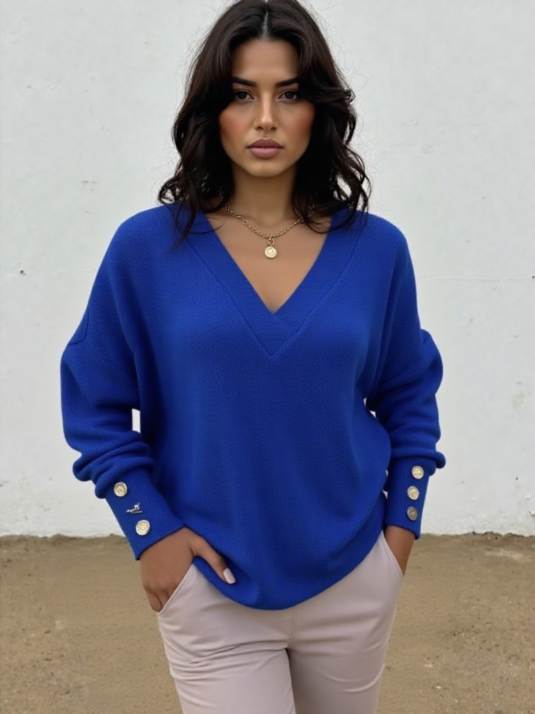 Calista – חולצה ארוכה בגזרה רפויה עם מפתח V וכפתורים