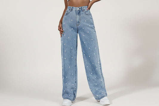 LIVARA – ג’ינס מותן גבוהה בגזרה ישרה עם עיטורי פנינים