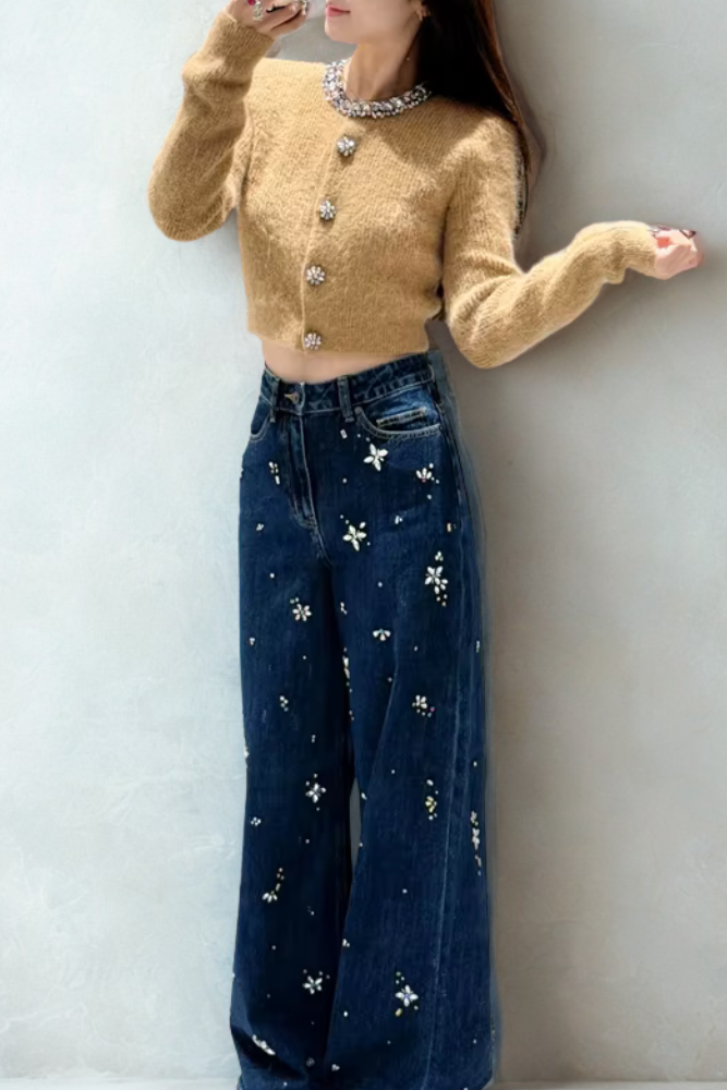 סט בוטיק “Marcelline & Vionette” – ג’ינס רחבה + קרדיגן סרוג קצ’ואל