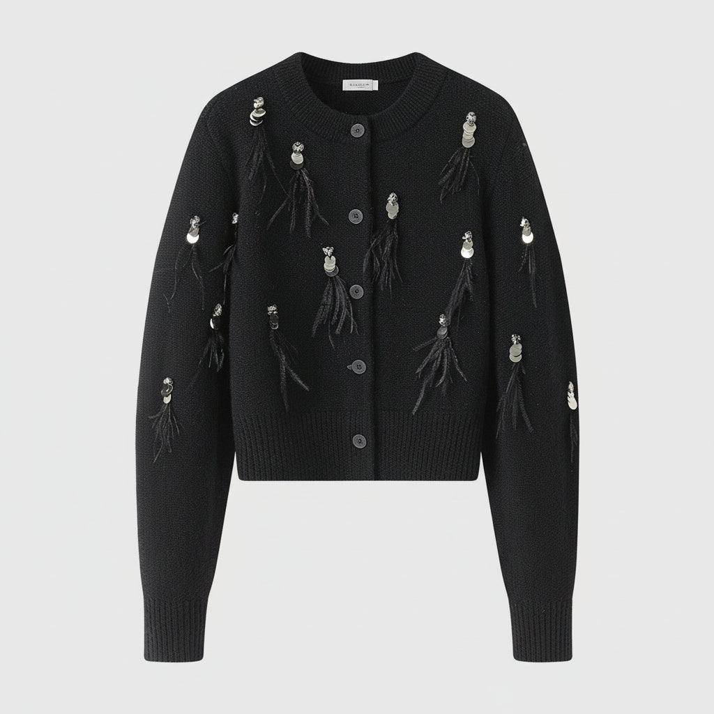 Valencia – קרדיגן סריג עם פאייטים ופרנזים בנוכחות אלגנטית לחורף