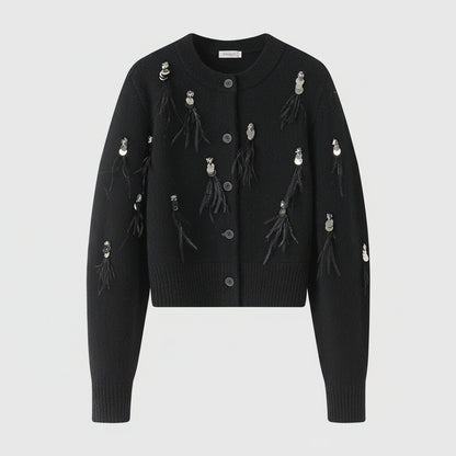 Valencia – קרדיגן סריג עם פאייטים ופרנזים בנוכחות אלגנטית לחורף