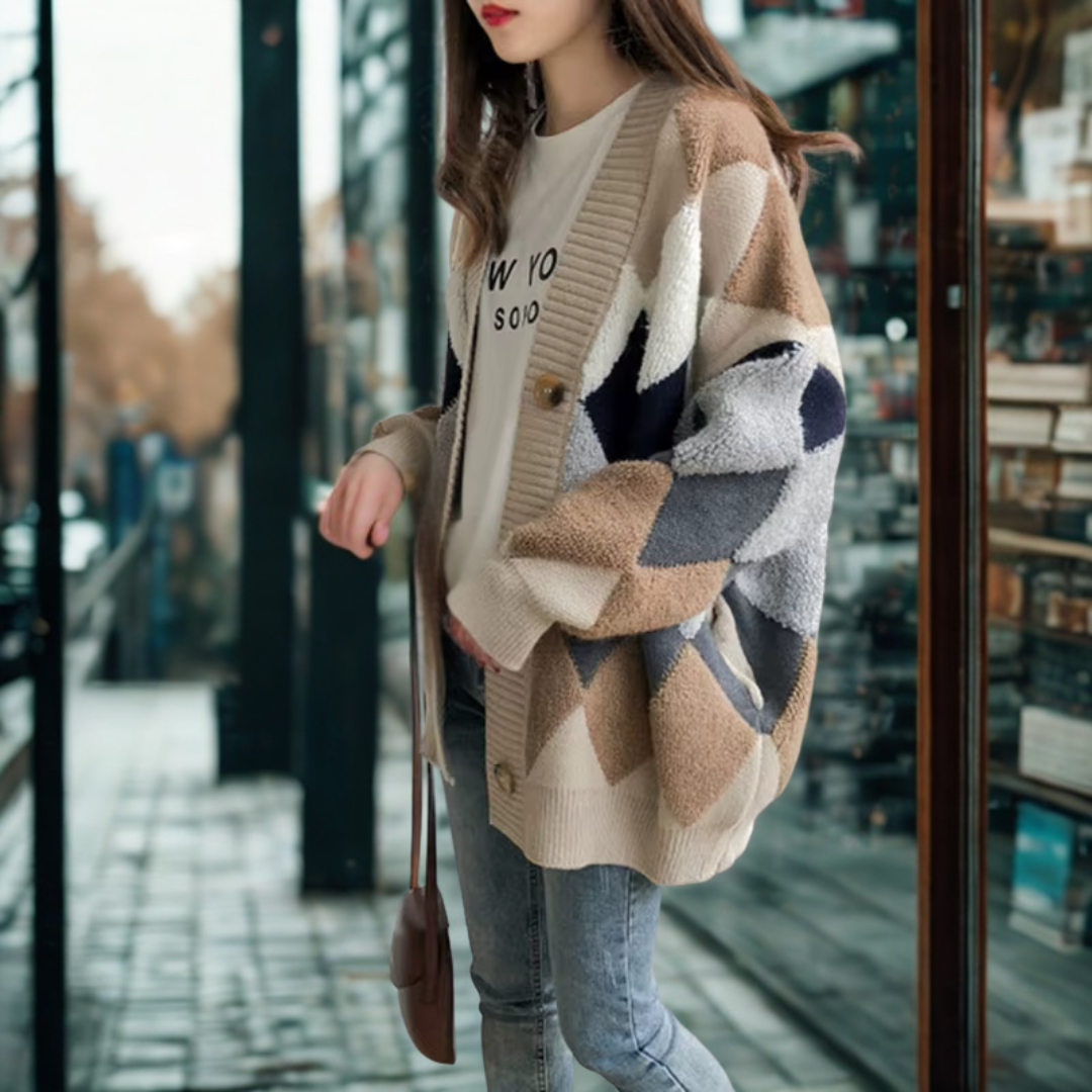 Aurianne – קרדיגן סריג ארוך בגזרה רפויה עם צווארון V