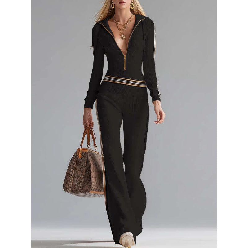 ELVIRA – אוברול סרוג עם קפוצ’ון ופסי צבע