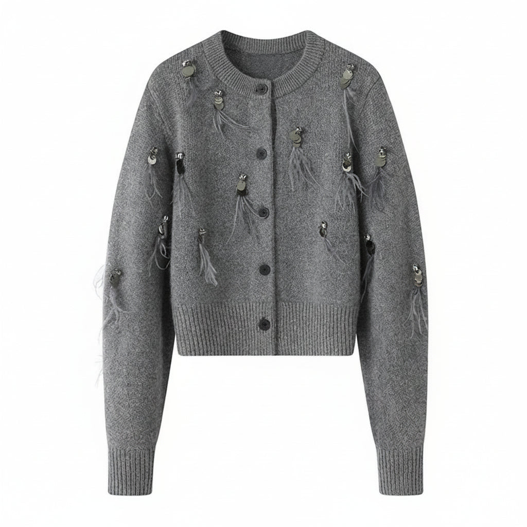 Valencia – קרדיגן סריג עם פאייטים ופרנזים בנוכחות אלגנטית לחורף