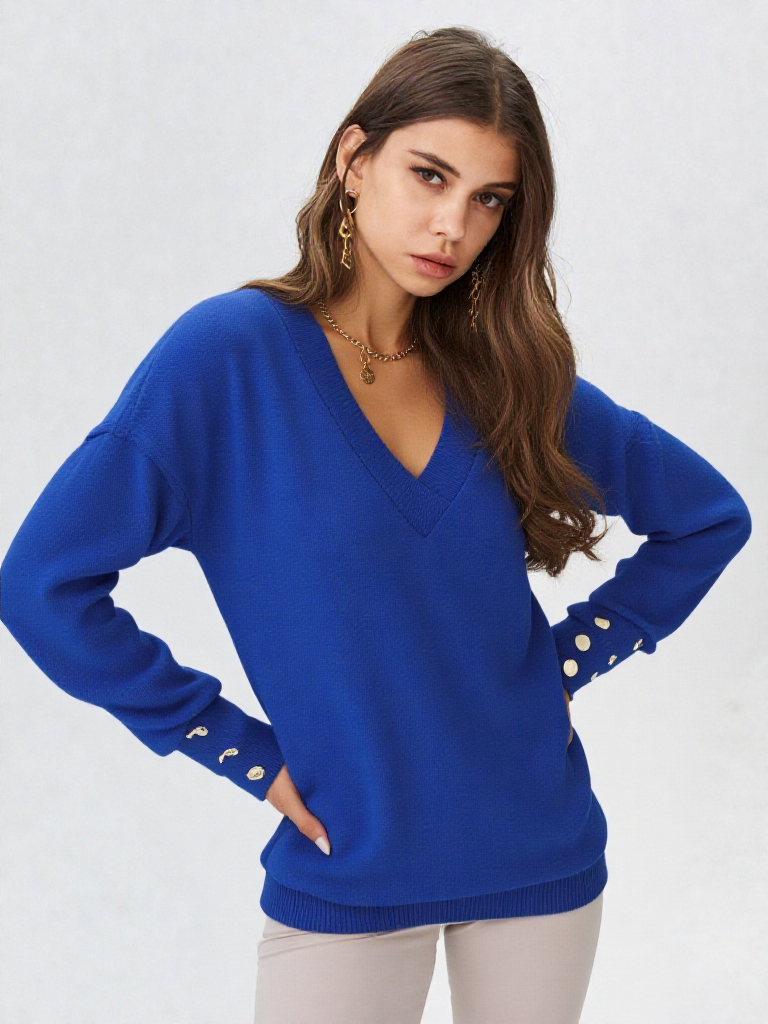 Calista – חולצה ארוכה בגזרה רפויה עם מפתח V וכפתורים