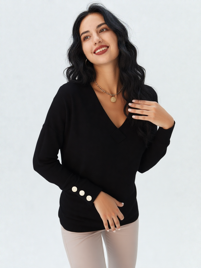 Calista – חולצה ארוכה בגזרה רפויה עם מפתח V וכפתורים