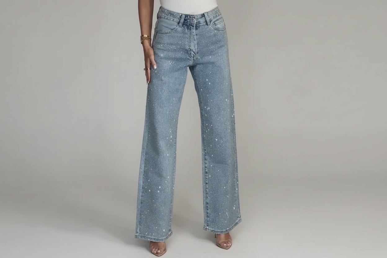 ג׳ינס ישר בגזרה גבוהה עם אבני דקור – KENDRA