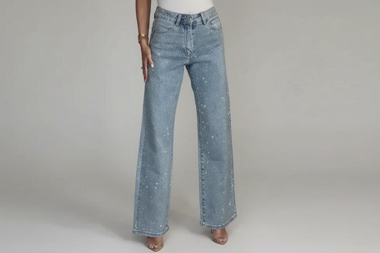 ג׳ינס ישר בגזרה גבוהה עם אבני דקור – KENDRA