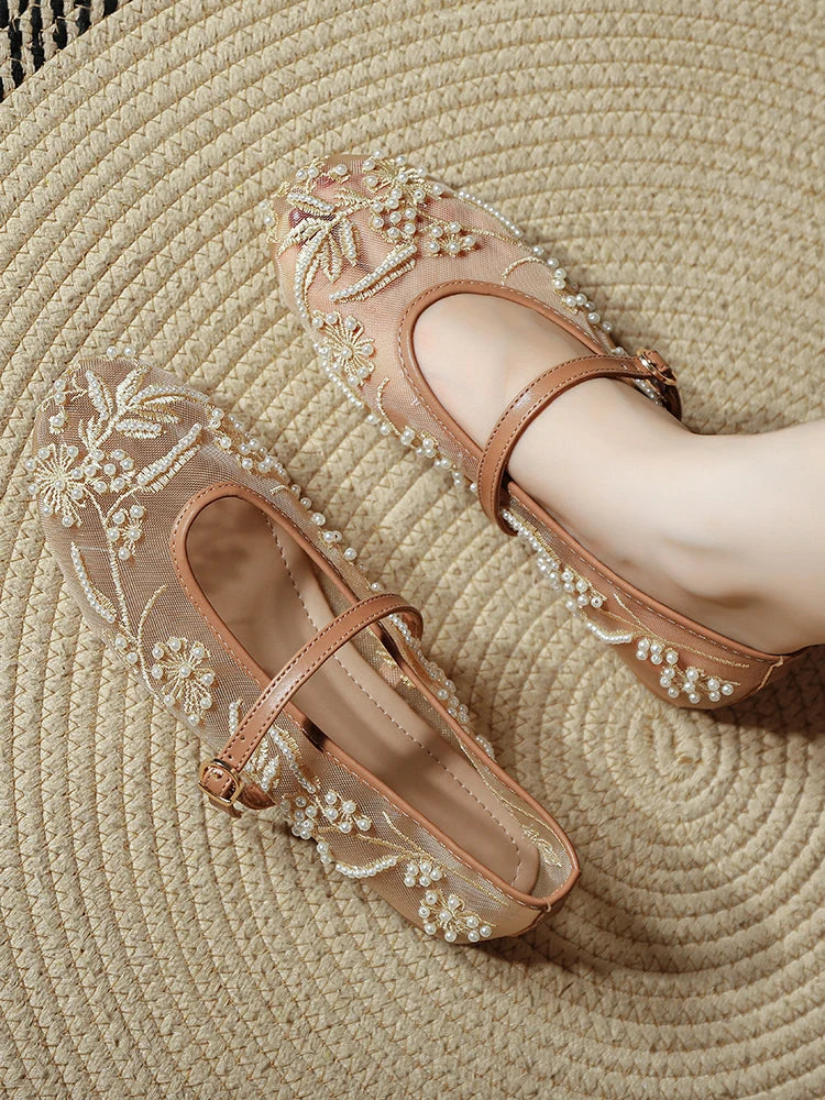 Elodie – נעלי בלט רקומות עם פנינים