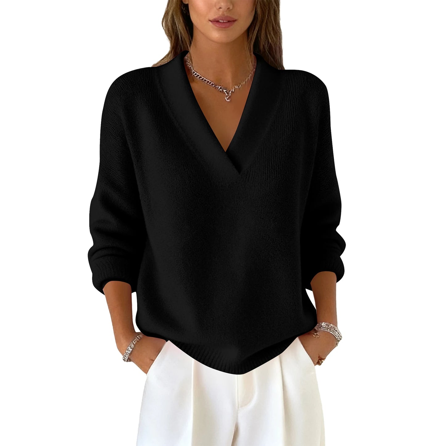 Aubrielle – סוודר סריג רך עם מפתח V אלגנטי