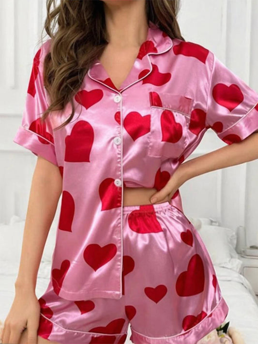 LORENA סט פיג׳מה קצר עם הדפס לבבות רומנטי
