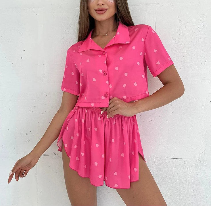 XIMENA  סט פיג’מה קייצי לבבות בגזרת רפלס