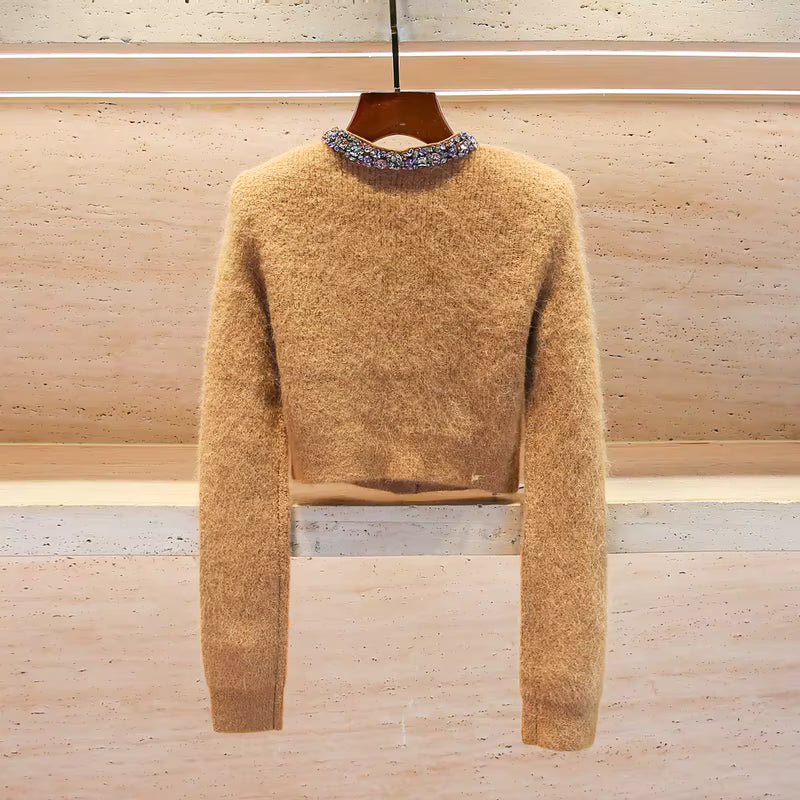 Vionette – קרדיגן סרוג קצר בגזרה מחטבת עם יהלומים עדינים