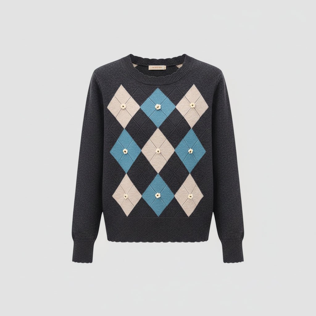 Elowen – סוודר סריג יהלומים עם שרוול ארוך ומפתח עגול