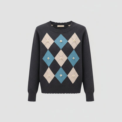 Elowen – סוודר סריג יהלומים עם שרוול ארוך ומפתח עגול