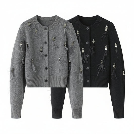 Valencia – קרדיגן סריג עם פאייטים ופרנזים בנוכחות אלגנטית לחורף