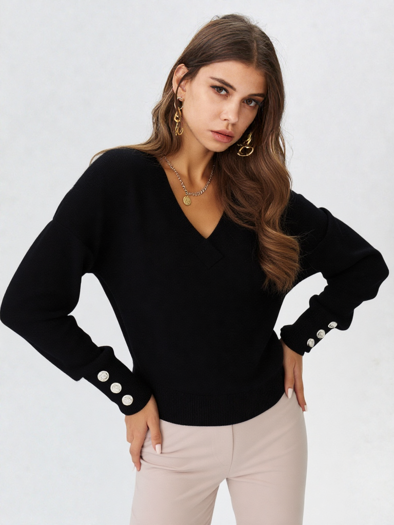 Calista – חולצה ארוכה בגזרה רפויה עם מפתח V וכפתורים